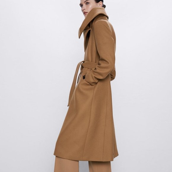 Zara Camel Wool Coat with Wrap Collar - Picture 4 of 10